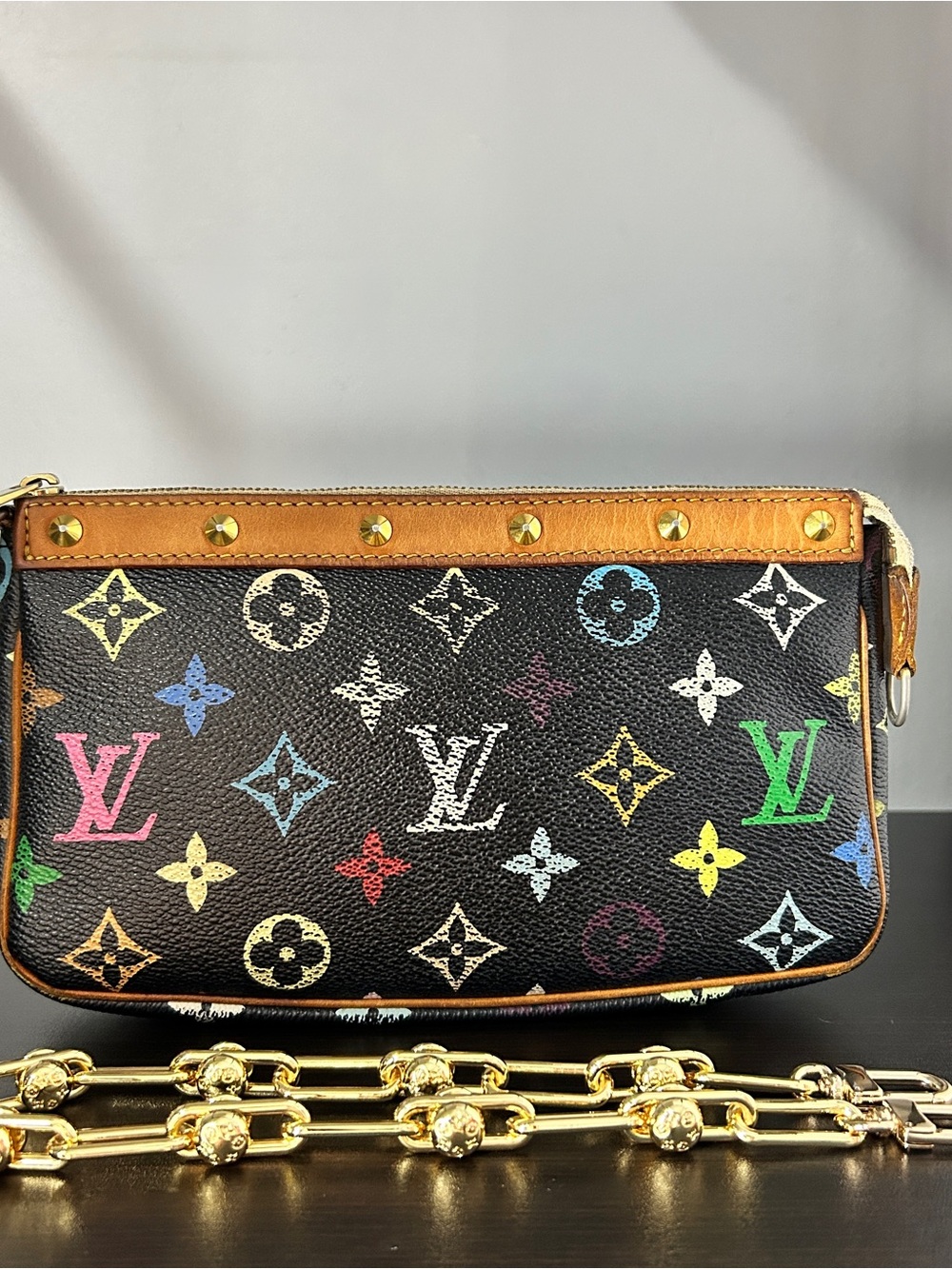 Louis Vuitton Black Multicolor Monogram Shoulder Bag with Brown Trim